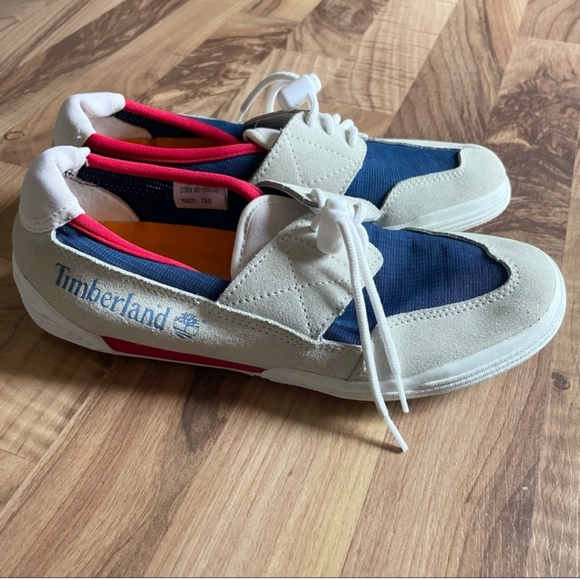 Timberland Canvas Casual Loafers Red Blue Tan Shoes Sneakers Size 7 - Picture 6 of 8